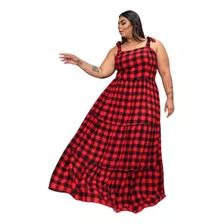 Vestido Plus Size Xadrez Longo São João 2024 Feminino 