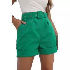 Shorts Feminino Alfaiataria Cintura Alta Cinto Bolso Lateral