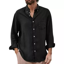 Henley Camisa Para Hombr Manga Corta Gris Algodon Lino Larga