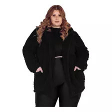 Casaco Peluciado Teddy Plus Size Feminino Com Bolso E Capuz