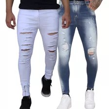 Combo 2 Calças Jeans Masculino Rasgada Justa Lycra Corpo 24