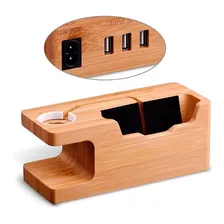 Base Soporte De Carga Bambu Para iPhone 11 Y Apple Watch