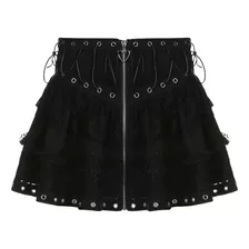 Kpop Assimétrico Laço Gótico Preto Zipper Vestido Curto