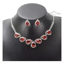 Conjunto Colar E Brinco Strass Vermelho Festa Noiva C19