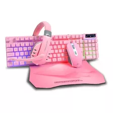 Kit Gamer 4 En 1 Teclado Mouse Audífonos Mousepad Rosa 3dfx