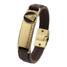 Pulseira Couro Preto Magnética Nossa Senhora Dourada Marrom