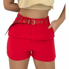 Short Shortinho Alfaiataria Com Bolsos Cinto Com Brilho Moda