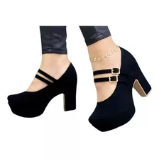 Tacones Damas 2 Hebillas Negros De Gamuza Ref. 225