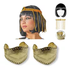Kit Fantasia Cleópatra Peruca + Tiara + 2 Bracelete Dourado