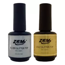 Top Coat Zem Unhas Gel Led Uv Brilho Glitter Manicure 2 Unid Cor Prata & Dourado