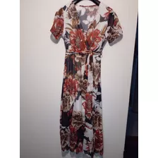 Vestido De Gasa Floreado Con Cinturon E Hilos Dorados. Nuevo