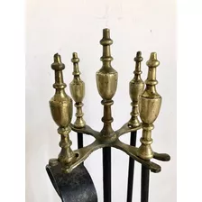 Juego De Herramientas Antiguo Para Chimenea Hierro Y Bronce