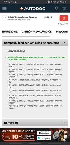 Caja Direccion Hidraulica Mercedes B A 140/160/170/190 97-04 Foto 7