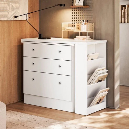Escrivaninha Mesa Escritório Em L Retrátil Com Cômoda Wt Branco