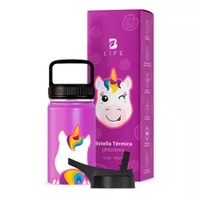 Termo De Agua Para Niños 355 Ml. Con Popote Y Asa. B Life Unicornio