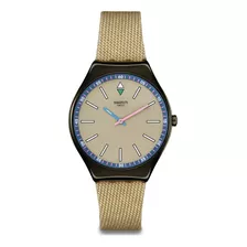 Reloj Swatch Sunbaked Sandstone Syxm100 Correa Beige Bisel Negro Fondo Negro