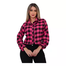 Cropped Xadrez Blusa Feminina Manga Longa Botões Lindo