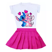 Conjunto Infantil Menina Lilo Stitch Roupa Saia Colegial 