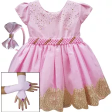 Vestido Infantil Realeza Rosa Princesa Aurora Tiara E Luvas