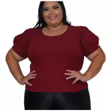 Blusa Camiseta Plus Size Manga Curta Bufante Em Ribana