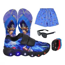 Tênis De Led Infantil Masculino Sonic + Chinelo + Acessórios