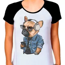 Camiseta Raglan Buldog Francês Cachorro Pet Dog Branca Fem01