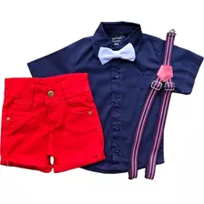 Conjunto Infantil Menino Camisa Social Bermuda Suspensório 