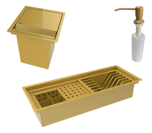 Kit Calha 50cm + Lixeira 3,9l + Dispenser Detergente Dourado Dourado