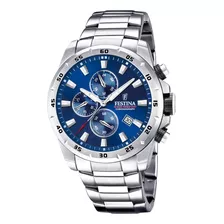 Reloj De Pulsera Festina Chrono Sport F20463 De Cuerpo Color Plateado, Analógico, Para Hombre, Fondo Azul, Con Correa De Acero Inoxidable Color Plateado, Agujas Color Plateado, Blanco Y Rojo, Dial Pla