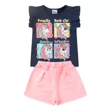 Conjunto Infantil Feminino Blusa Unicornio Shorts Rosa