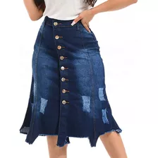 Saia Midi Jeans Destroyed Moda Evangélica Barra Desfiada 