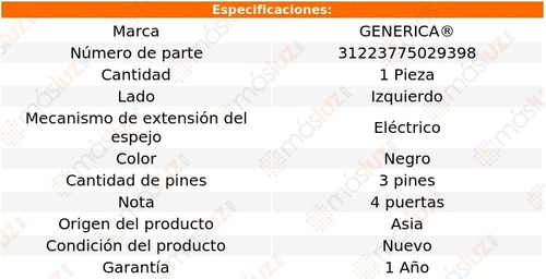 Espejo Izq Elect 3 Pines Saturn Relay 05/07 Generica Foto 2