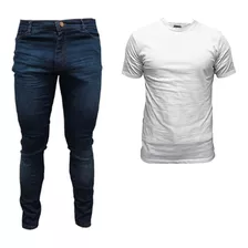 Combo Ropa Hombre Jean Elastizado Azul Y Remera Lisa Algodón