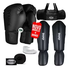 Kit Muay Thai Luva All Black Bandagem Bolsa Gladiadora 16oz