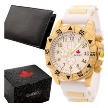 Relógio Masculino Branco Dourado Quebec Original + Carteira