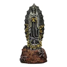 Virgen De Guadalupe Base Piedra Con Rosas Plateada 36cm