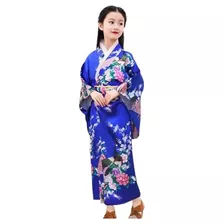 Yukata Infantil Em Seda Estampa Pavão Azul Royal