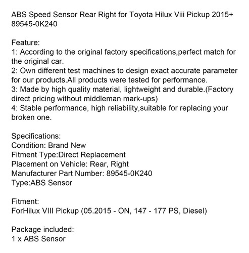 Sensor Abs Trasero Derecho Para Toyota Hilux Viii Pickup 15+ Foto 5