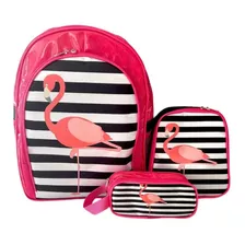 Mochila Flamingo Costas Lancheira Estojo Pink