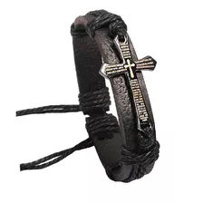 Pulsera Hombre Pulsera Cuero Genuino Dije Acero Cruz Grabada