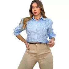 Camisa Social Feminina Manga Longa Bordada 100%linho Luxo 