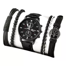 Reloj Económico Y 4 Pulseras Blanco Negro Dije Árbol Hombre