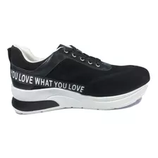 Tênis Feminino Sneaker Couro Nobuck Preto Solado Alto