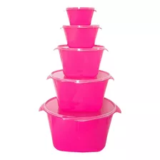 Kit Potes Bacias Livre De Bpa Com Tampa 5 Peças Tamanhos Cor Rosa Neon