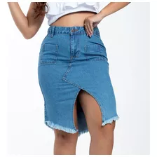 Saia Jeans Midi Com Fenda Frontal E Barra Desfiada