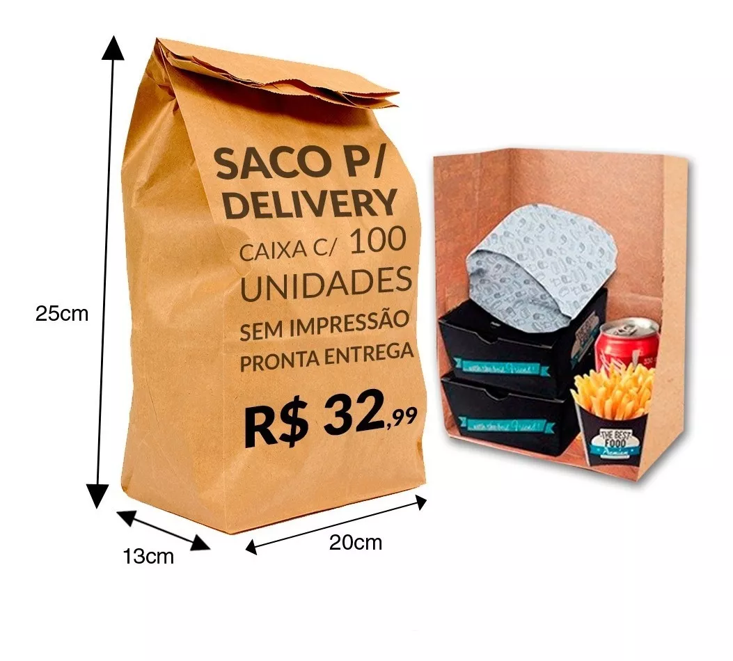  Saco Kraft Papel Delivery 20x13x25 ( 100unid Melhor Preço )