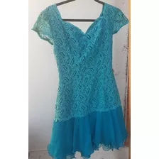 Vestido Fiesta Turquesa De Diseñador C/v0lado Y Encaje Oport