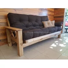 Futon 3 Cpos Cipres Reforzado Pata 10x10 + Colchon Ecocuero