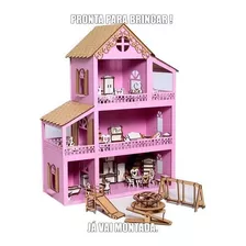 Casa De Bonecas E Bonecos Polly Mdf + 36 Móveis + Parquinho