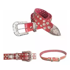 Cinto Cinturon Texano Cuero Strass Belt Rojo Country